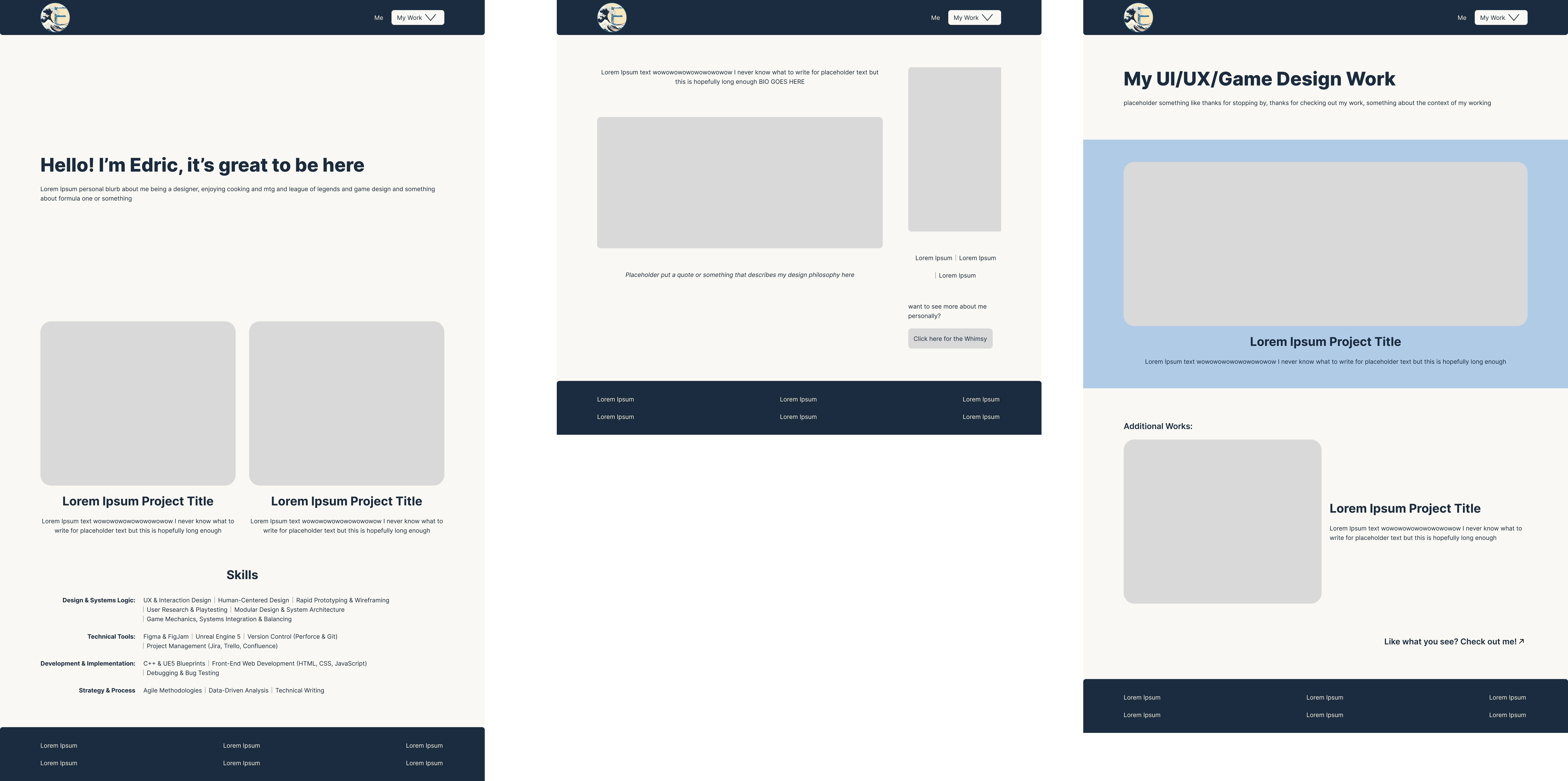 An image of all three site navigation page's wireframes